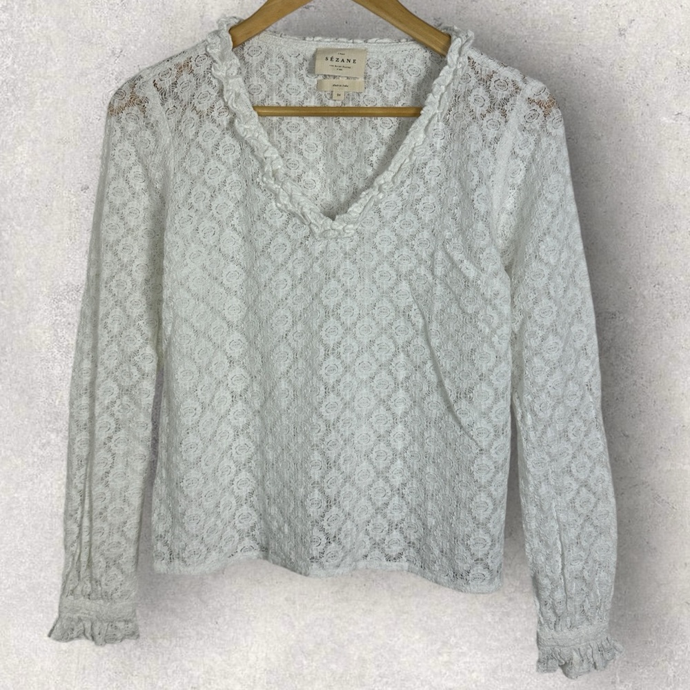 Sezane Leonora Blouse Ecru White Size 34 French US 2 V-Neck Ruffle Sheer Lace - Picture 3 of 14